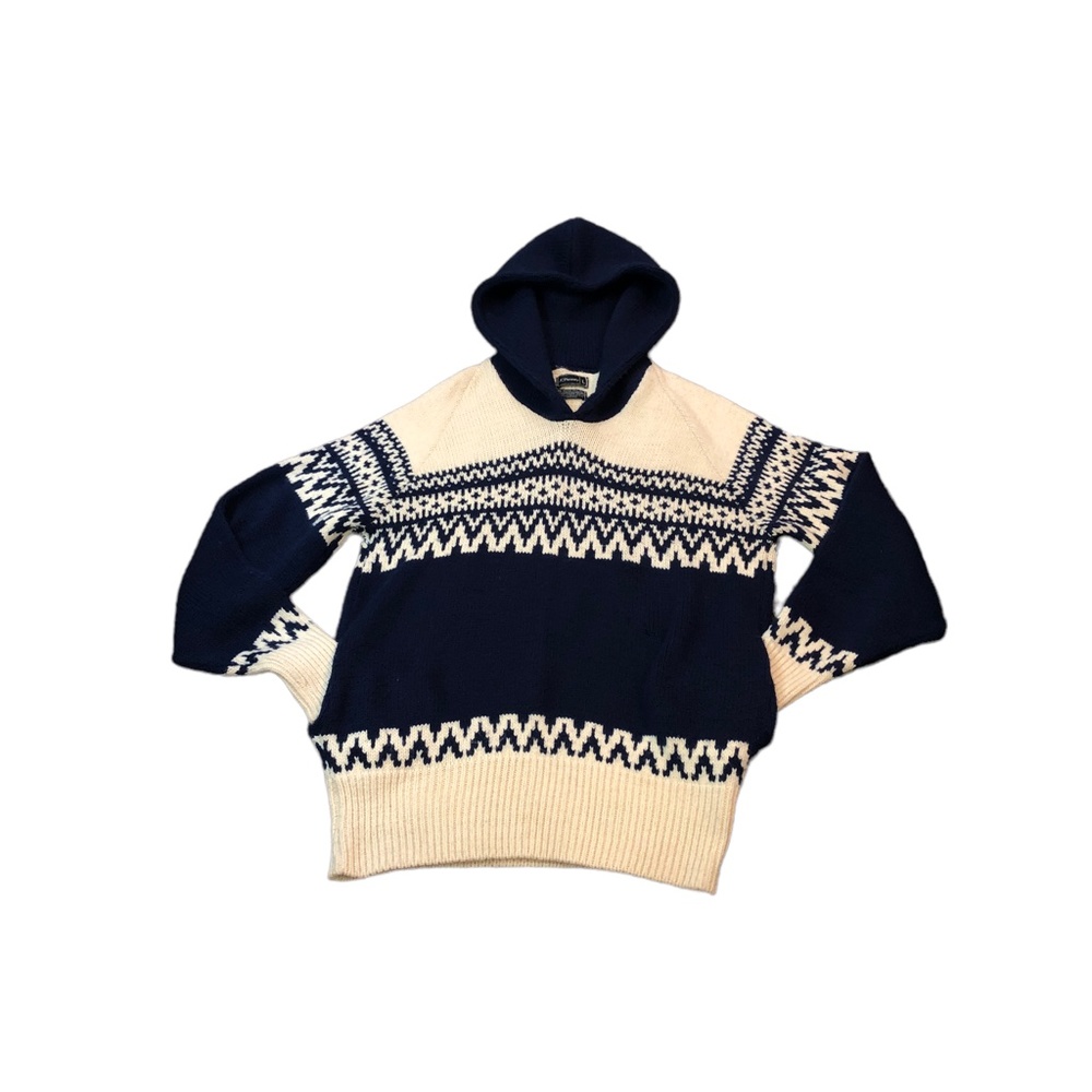 JCPenney Vintage Nordic Cream & Navy Hooded Pullover Sweater w/Pockets Sz Large
